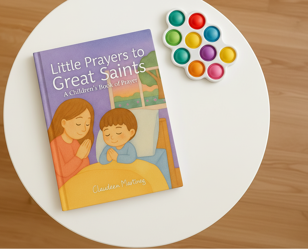 Children's book titled 'Little Prayers to Great Saints' on a white surface with a color wheel.