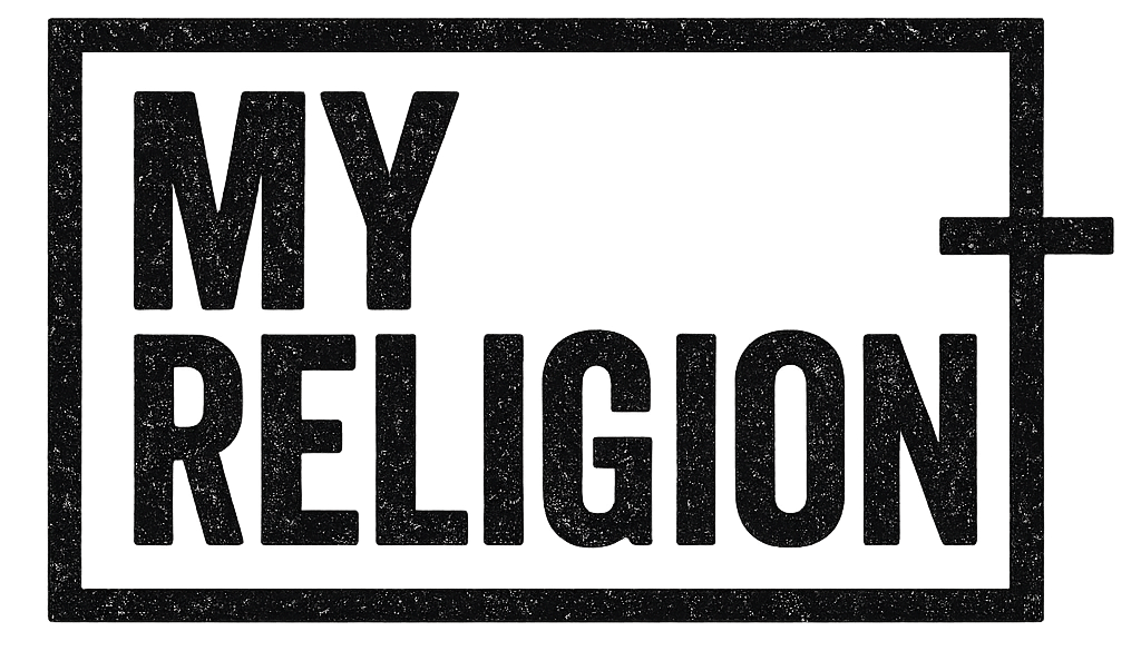 Text 'MY RELIGION' with a cross symbol on a white background