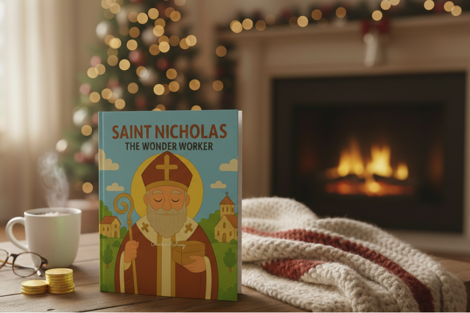 Book titled 'Saint Nicholas The Wonder Worker' on a wooden table with a cozy background.